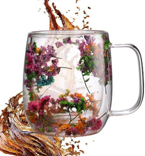 Fellflying Dried Flowers Double Walled Glass Mugs - 250/390ml Coffee/Tea/Milk Cup with Handle, Insulated, Thickened Glass