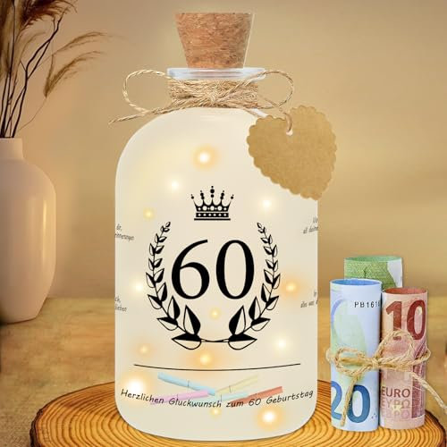 Brmeday 60 Geburtstag Frau Mann LED Flaschenlicht, Geldgeschenke Verpackungen Nachtlicht, Geschenke zum 60.Geburtstag Tischdeko