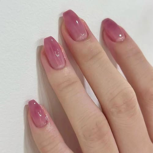 24Pcs Square Press on Nails, French Fake Ballerina Nails gradient Nude Purple Acrylic Full Cover False Nails, Daily Wear Stick on Nails with Glue Sticker for Nail Art Manicure Decoration