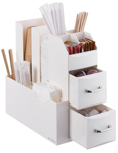 Navaris Organizador para café - Caja para organizar cápsulas Tazas Vasos Sobres de azúcar o de té - Bandeja de almacenaje con Compartimentos - Crema