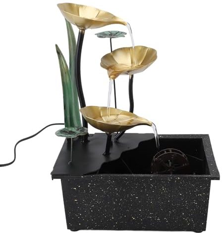 Zimmerbrunnen, Tischbrunnen, 3 Etagen, Kleiner Lotus-Wasserfall, USB-betrieben, mit Steinen, LED-Licht für Büro, Wohnzimmer, Innenräume