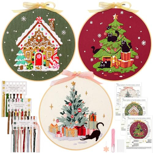 JSRQT Christmas Embroidery Kits for Adults Beginners 3 Pack Hand Embroidery Starter Kits with Xmas Tree Patterns Green Full Range of Cross Stitch Stamped Kit for Wife Craft Lover DIY Needlepoint Kit