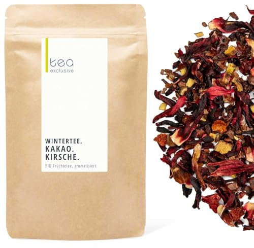 tea exclusive - Winter-Tee Kakao Kirsche | BIO Weihnachtstee mit Früchten, Mandel, Vanille, Tonka | koffeinfreier loser Früchtetee | 100g