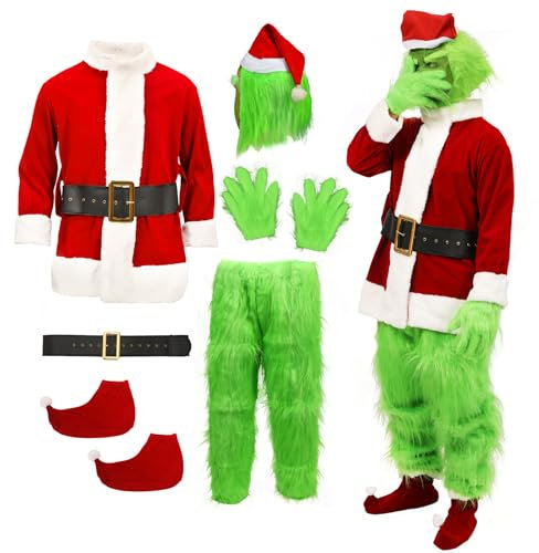 nezababy Disfraz de Navidad para adultos, máscara de monstruo verde, disfraz de Papá Noel, cosplay para hombres (6 unidades, disfraz de Papá Noel, grande)