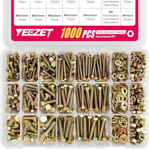 YEEZET 1000 PCS Schrauben und Muttern M4 M5 M6 Verzinkt 8.8 Sechskantschrauben, Unterlegscheiben, Federringe und Muttern Sortiment Kit, 15 Gebräuchlichste Größen, 10-40mm