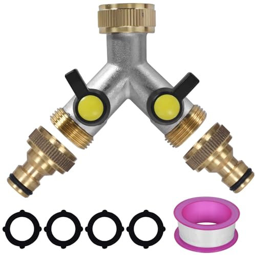 Dokeno 2 Voies Répartiteur de Robinet, Distributeur en Y en Laiton avec Vannes Marche/Arrêt Individuelles, 3/4 Raccord en Y pour Tuyau d'Arrosage, Raccordement d'eau, Connexion de 2 Appareils