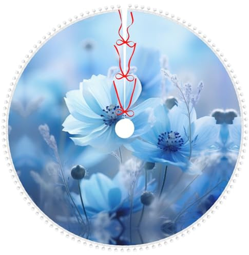 Blaue Blumen Weihnachtsbaumröcke mit Pompom-Rand (dick), für drinnen und draußen, Neujahr, Urlaubsschmuck