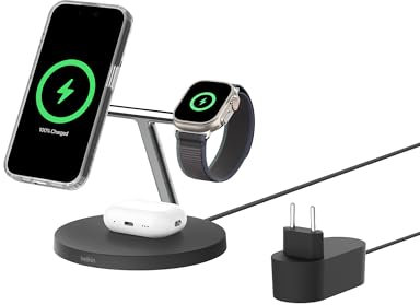 Belkin BoostCharge 3-in-1 Qi2 kabelloses Ladegerät, MagSafe-kompatibel, induktive Ladestation mit Qi2 für die iPhone 16, 15, 14, Apple Watch, AirPods, Rutschfester Sockel, inkl. Netzteil – Schwarz