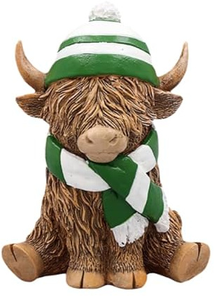 Kilts Wi Hae Cute Green And White Scarf And Hat Wearing Highland Cow Coo Statue