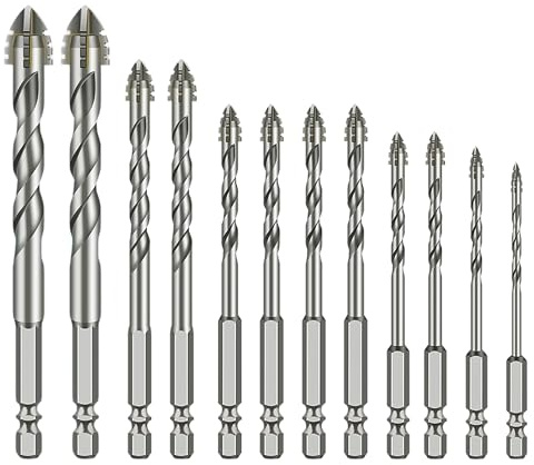 12 brocas para dientes de sierra con 4 filos: Powerbit Excéntrica, juego de brocas excéntricas de alta resistencia con dientes de sierra de cuatro filos, para azulejos, cristal, porcelana, cerámica