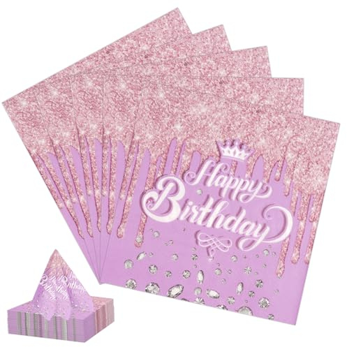 40Stück Geburtstagsservietten Lila Diamant,33 × 33cm Geburtstag Servietten