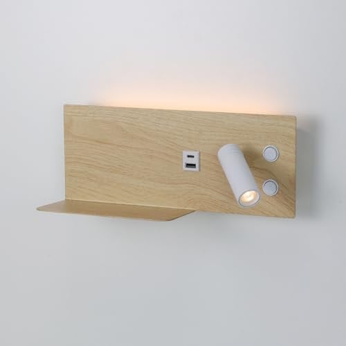 Alpinaluz Applique murale avec spot droit, lumière LED de lecture et d'ambiance 2700 K, USB-C et USB-A, étagère pour mobile, acier avec finition bois clair, double interrupteur, pour chambre ou tête