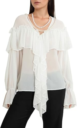 Damen Casual V-Ausschnitt Chiffon Blusen Elegant Langarm Rüschen Sheer Shirt Loose Fit Ausgehen Top Ästhetische Kleidung