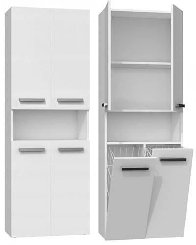 Badezimmerschrank mit 2 Wäschekörben 60 cm Hochschrank Wäschekipper | Weiß Matt, 174 x 30 cm, 3 Einlegeböden, 16 mm Spanplatte mit ABS-Kanten, silberne Griffe, inklusive Montagematerial