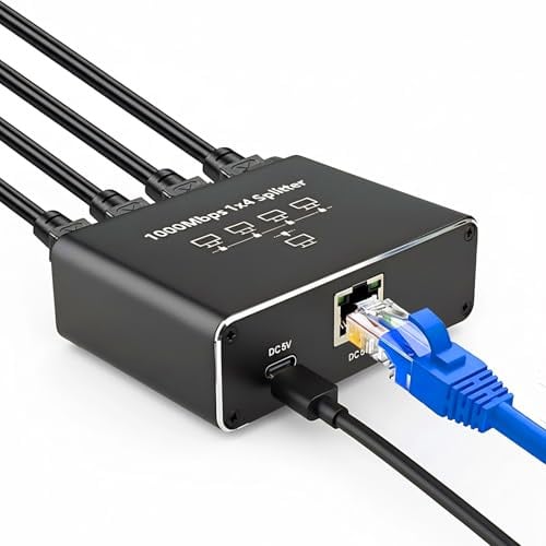 Switch Ethernet 1 a 4, Ethernet Splitter, 1000Mbps Gigabit RJ45 Splitter | Duplicador RJ45 4 Puertos, LAN Network Adapter con Alimentación USB C, Divisor Ethernet para Ordenador Router Conmutador