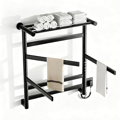 WFCTG Badheizkörper, Handtuchheizkörper Elektrisch, 66*55cm, Mit Ablage, Drehbarer Innenschlauch, Handtuchtrockner Elektrisch Mit Timer, Handtuchwärmer 360W, Procédé De Revêtement Par Poudre (Schwarz)
