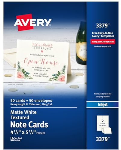 Avery Bedruckbare Notizkarten mit Umschlägen, 10,8 x 14 cm, strukturiertes Weiß, 50 Blanko-Notizkarten für Tintenstrahldrucker (03379)