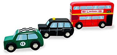 Indigo Jamm British Classics, 3 Wooden Toy Vehicles Set with Iconic London Bus, Taxi and Racing Car