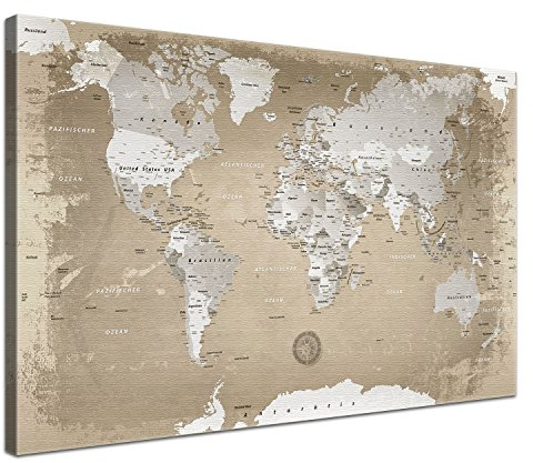LANA KK Stilvolle Pinnwand Weltkarte - Natur - Deutsch in 120 x 80 cm, stabile Rückwand zum Pinnen inkl. Starterkit - Leinwand-Kunstdruck Wandbild Landkarte XXL