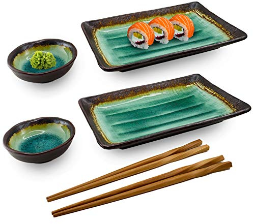 Happy Sales HSDW-GROCN6 6 PC Giapponese Sushi Piatto Dinnerware set Verde Oceano, Gres