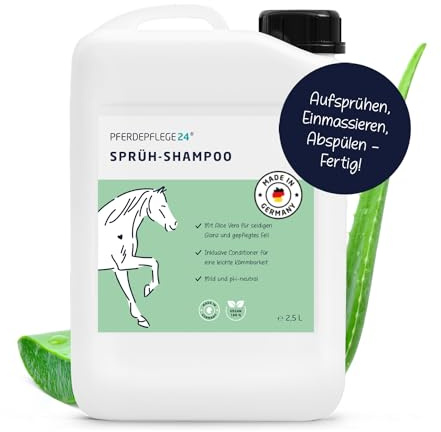 Pferdepflege24 Mildes Pferdeshampoo als Sprühshampoo - Basis Pferde Shampoo 0,5l, 1l, 2,5l, 5l & 10l Liter pH Neutral - Seidiger Glanz, leichte Kämmbarkeit & gesundes Haar