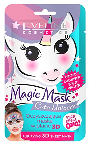 Eveline Cosmetics Magic Mask Eveline Cosmetics 3D Cute Unicorn Purifying Sheet Mask – Trendy Skincare with White Willow, Cucumber & Orchid Extracts, Vegan