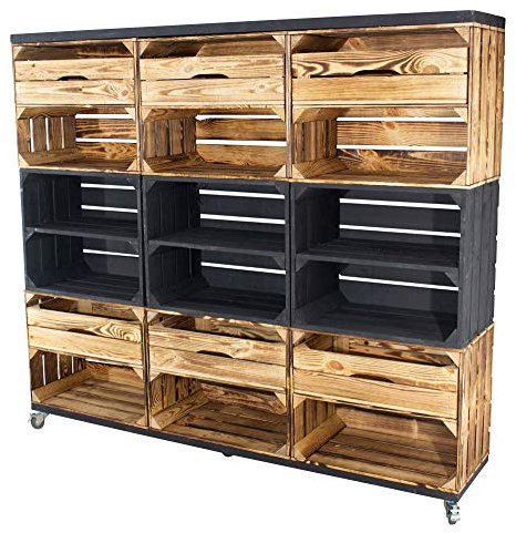 Vintage Möbel 24 GmbH Raumtrenner/Regal aus Kisten und Bohlenbrettern auf Rollen, Kommode 133x150x30cm (Schwarz/Geflammt mit 6 Schubladen)