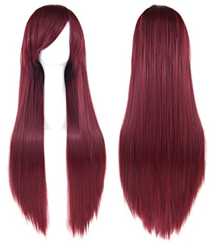 IMISSU Lange glatte Haare Cosplay Perücke mit Pony Bunte Halloween Kostüm Party Perücken (Weinrot)