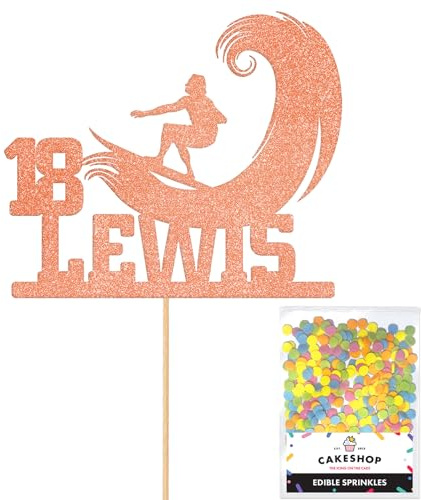 Personalised Surfer Wave Surfing Glitter Cake Topper Rose Gold Any Custom Age & Name Glitter Cake Decoration and Sprinkles - Happy Birthday Decorations - Personalised Toppers for Cakes by Cakeshop