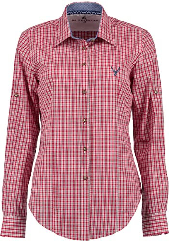 OS Trachten Damen Bluse Langarm Trachtenbluse mit Liegekragen Prami, Größe:52, Farbe:mittelrot
