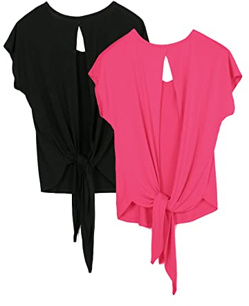 icyzone Damen Rückenfrei Yoga Top Fitness Sport Kurzarm Shirt Oberteil Casual T-Shirt Loose Fit, 2er Pack (M, Black/Pink Lychee)