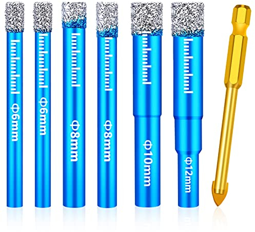 7 Stück Fliesenbohrer Set 6mm/8mm/10mm/12mm Harte Fliesen Diamantbohrer und 6mm Karbid-Anbohrer Metall Bohrer Set für Glas, Porzellan, Keramik, Granit