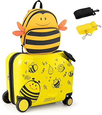 COSTWAY Valise Enfants à roulettes 18” avec Sac à Dos 12”, Bagages à Main pour Voyage avec Roues Coque Imperméable Poignée Rétractable Modèle d'abeille pour Enfants de 3 Ans+ Charge 50KG+8KG