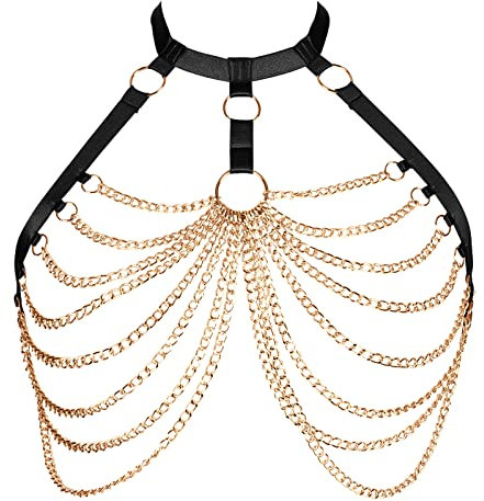 PETMHS Punk Brust Harness BH Body Chain für Damen Truhe Kette Schwarz Gothic Halsband Ketten Riemchen Geschirr BHs Körperschmuck Clubwear Mode Belly Belts (Schwarzes Gold O168)