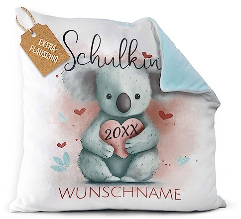 PR Print Royal Flauschiges Kissen zur Einschulung - Schulkind mit Name und Jahr personalisiert - Koala Kissen, personalisierte Geschenke zur Einschulung | Rückseite Hellblau, 40 x 40 cm