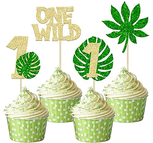 Gyufise 24Pcs Monstera Leaf One Cupcake Toppers Glitter Wild One Cupcake Picks Palm Leaves 1st Birthday Cake Decorations for Jungle Safari Theme Baby Shower Kids First Birthday Party Supplies