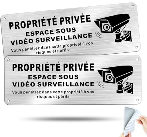 Goodvia Propriété Privée sous Vidéo Surveillance Metal Aluminium Brossé 250 * 90 mm avec Adhésif, Vous Pénétrez dans Cette Propriété à vos Risques et Périls 2 Pièces
