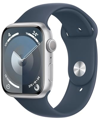 Apple Watch Series 9 (GPS, 45 mm) Smartwatch mit Aluminiumgehäuse in Silber und Sportarmband S/M in Sturmblau. Fitnesstracker, Blutsauerstoff und EKG Apps, Always-On Retina Display, Wasserschutz