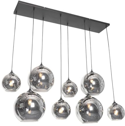 Qazqa Smart Esstisch led Art Deco Pendelleuchte, Pendellampe - Sandra - Schwarz mit Rauchglas, dimmbar, 8-flammig, 140cm, Ideal als Esszimmerlampe, Flur, Küche lampe, Schlafzimmerlampe
