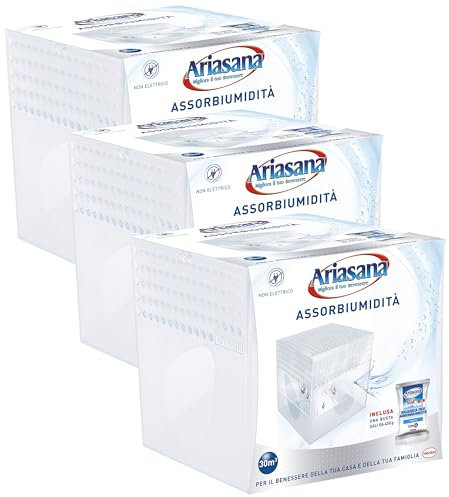 Ariasana Kit Mini Deumidificatore, Assorbi umidità fino a 30 m², Assorbiumidità anche per cantina, stanzino, bagno, cucina, camper, Dispositivo e 1 ricarica in sali da 450 g (Confezione da 3)
