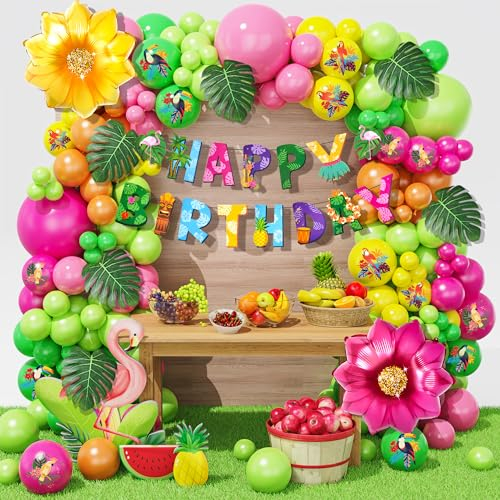 158Stück Tropische Luftballon Girlande Deko Hawaii Heißrosa Grün Gelb Latex Hawaii Vogeldruck Latex Ballon HAPPY BIRTHDAY Fahne Blumen Luau Sommer Kindergeburtstags Party Deko