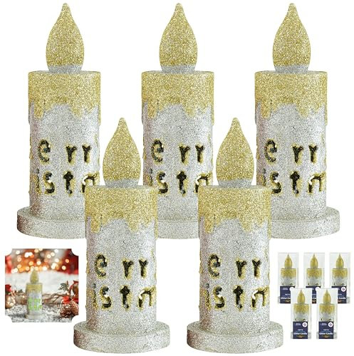 HOVUK 5pcs Plastic Glittered Flameless Battery Candles - Flickering, Christmas Ornaments & Night Light Decorations - Silver & Gold Glittered