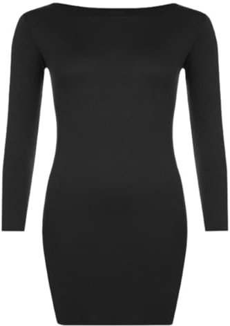 Womens Bodycon Stretch Plain Long Sleeve Ladies Round Neck Midi Dress 8-20 (UK, Numeric, 16, Regular, Regular, Black)
