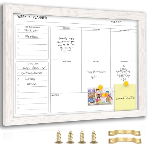 Marribol Whiteboard-Wochenkalender, trocken abwischbarer Planer für die Wand, 40,6 x 30,5 cm, weißer Massivholzrahmen, minimalistisches/modernes Design, magnetischer Whiteboard-Planer für To-Do-Liste,
