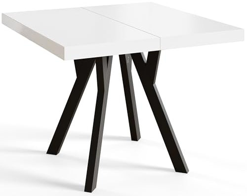 Quadratischer Esszimmertisch RICO, ausziehbarer Tisch, Größe: 100-200X100X77 cm, Wohnzimmertisch Farbe: Weiß, mit Holzbeinen in Farbe Schwarz