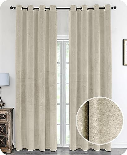 Samt Vorhang Ösen Verdunkelung Gardine Velvet Blickdicht, 140x225 cm (Breite 140 cm, Höhe 225 cm, Beige)
