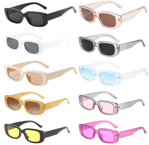10 Stück Vintage Rechteckige Sonnenbrille Damen 90er Retro Sonnenbrillen UV400 Partybrille Set Trendy Brille Retro Hippie Sonnenbrille für Fasching Requisiten Geburtstagsfeier für Kinder Erwachsene