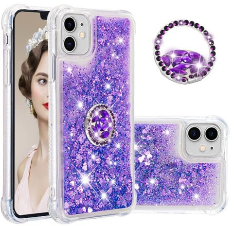 IMEIKONST iPhone 11 Glitter Case, Sparkle Quicksand Clear Slim Fits TPU Bumper Silicone Shell Diamonds Ring Stand Fuction Shockproof Cover for iPhone 11. Love Purple YBZ