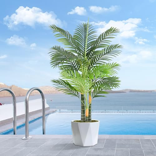 Keeplush 4ft Tall Triple Golden Cane Artificial Palm Tree Outdoor, Large Artificial Plants Outdoor Tree for Living Room Patio Office Home Decor 1PCS