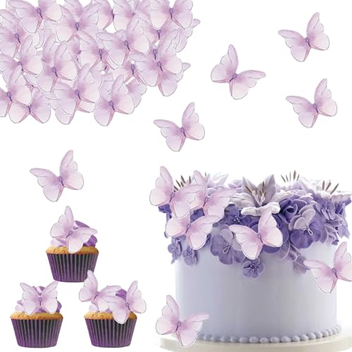 DazzJoy Essbare Schmetterlinge für Torte, 48 Stück Tortendeko Hochzeit, Lila Schmetterling Deko, Esspapier Schmetterlinge für Geburtstag, Kuchen Deko, Mädchen